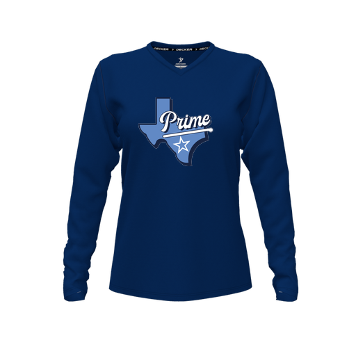 [CUS-DFW-TEES-PER-VNK-LSL-NVY-FYXS-LOGO1] Performance T-Shirt (Female Youth XS, Navy, V Neck, Logo 1, Long Sleeve)