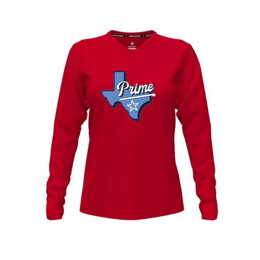 [CUS-DFW-TEES-PER-VNK-LSL-RED-FYXS-LOGO1] Performance T-Shirt (Female Youth XS, Red, V Neck, Logo 1, Long Sleeve)